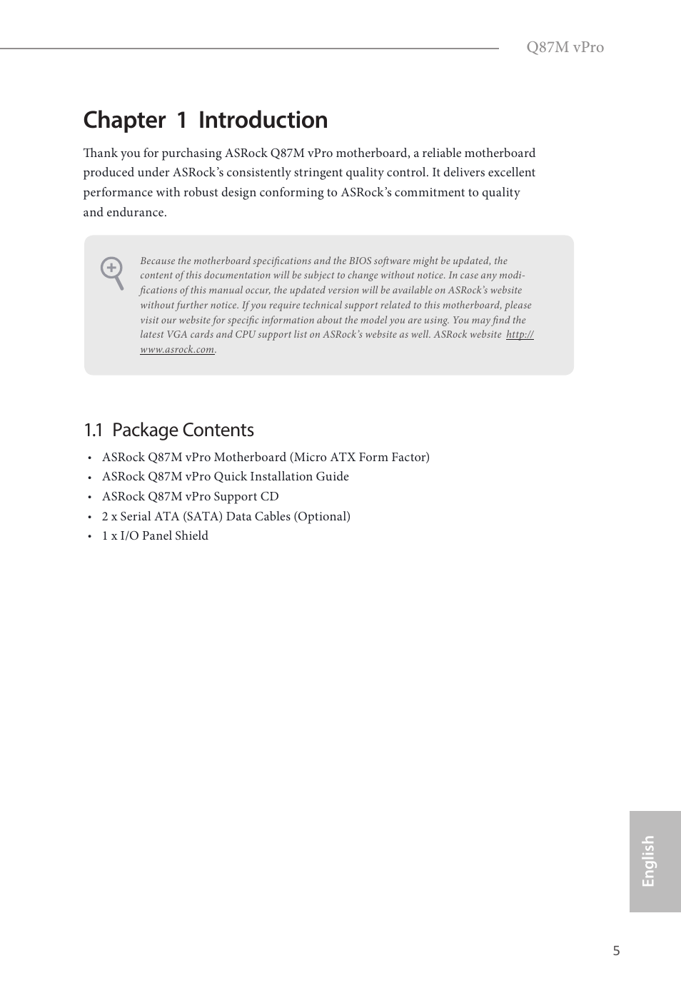 English, Chapter 1 introduction, 1 package contents | ASRock Q87M vPro User Manual | Page 6 / 160