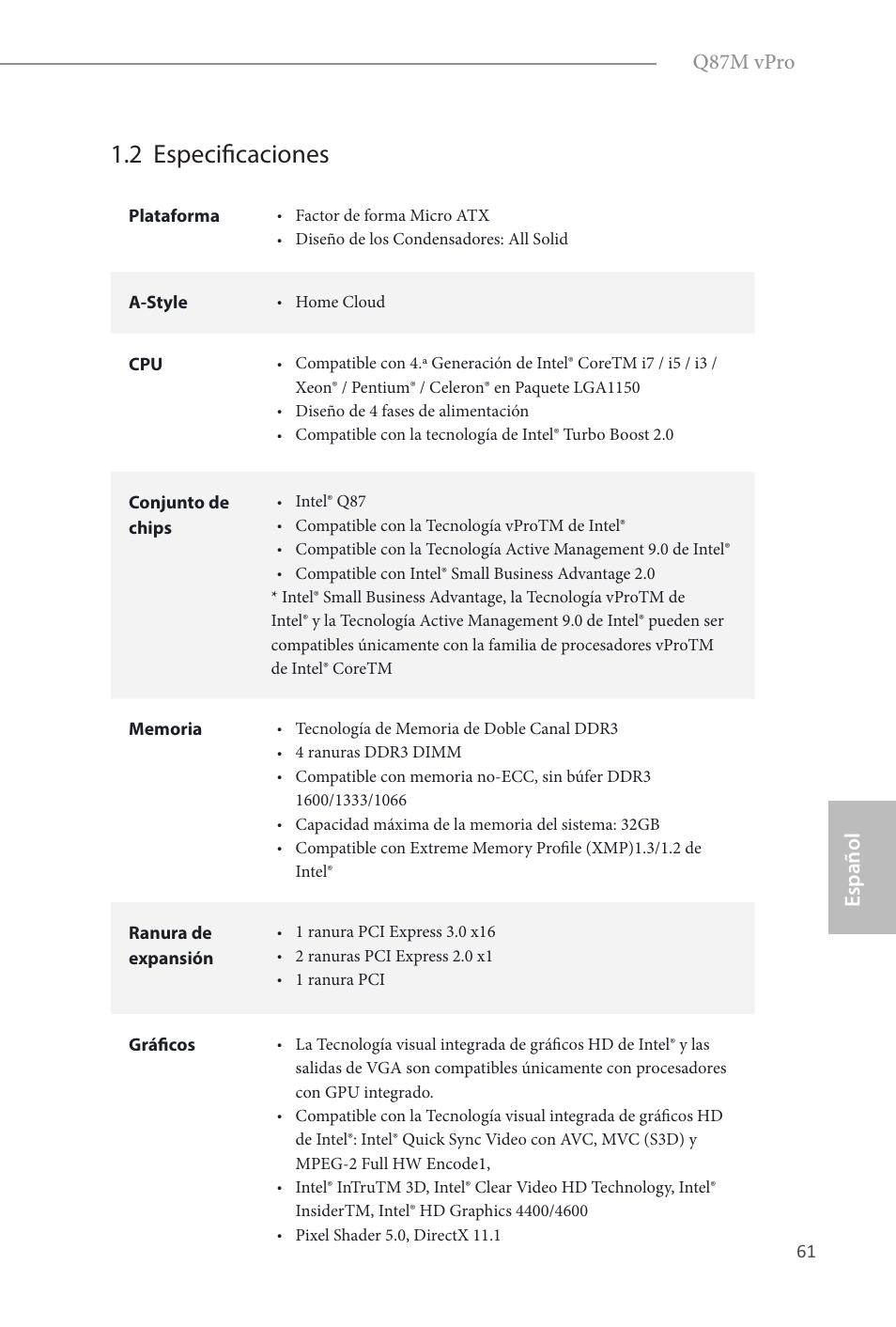 2 especificaciones, Español q87m vpro | ASRock Q87M vPro User Manual | Page 62 / 160