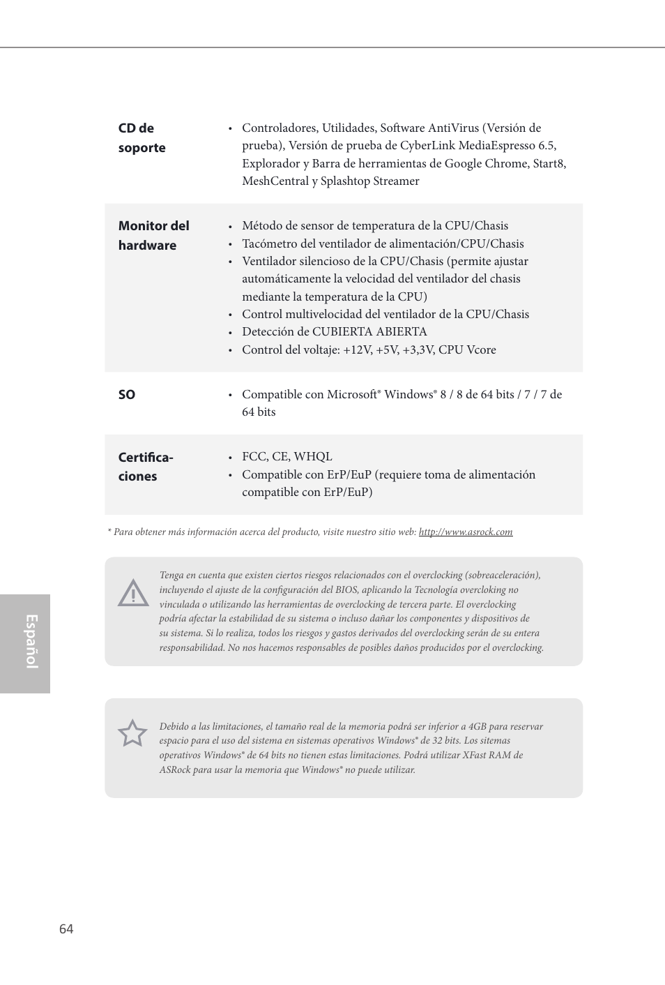 Español | ASRock Q87M vPro User Manual | Page 65 / 160
