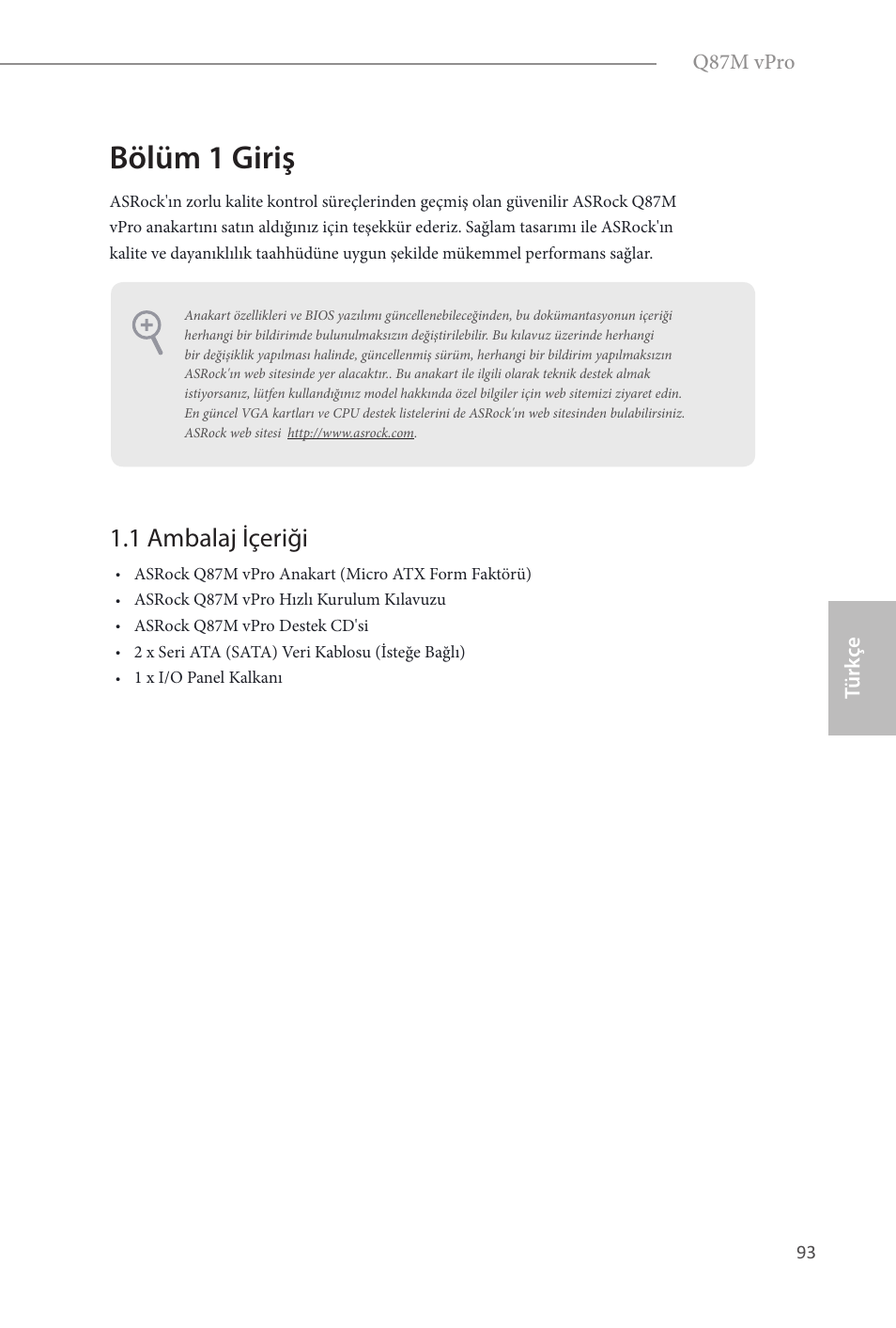 Turkish, Bölüm 1 giriş, 1 ambalaj içeriği | ASRock Q87M vPro User Manual | Page 94 / 160