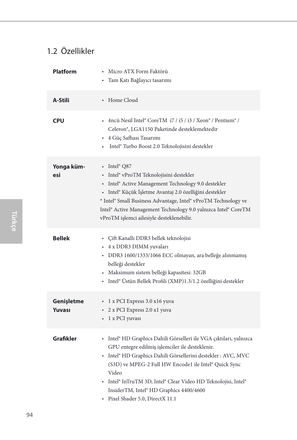 2 özellikler, Türk çe | ASRock Q87M vPro User Manual | Page 95 / 160