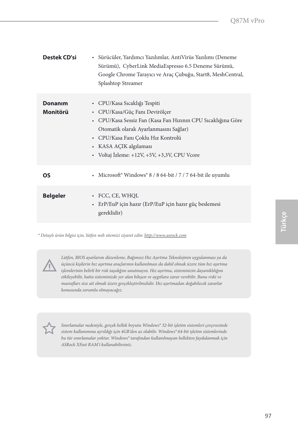 Türk çe, Türk çe q87m vpro | ASRock Q87M vPro User Manual | Page 98 / 160