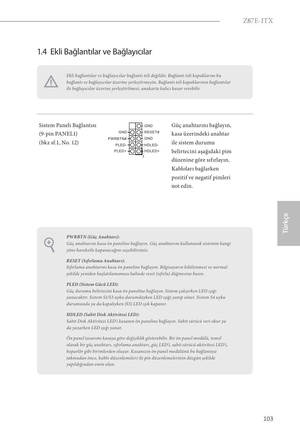 4 ekli bağlantılar ve bağlayıcılar, Z 8 7e-itx, Türk çe | ASRock Z87E-ITX User Manual | Page 105 / 165