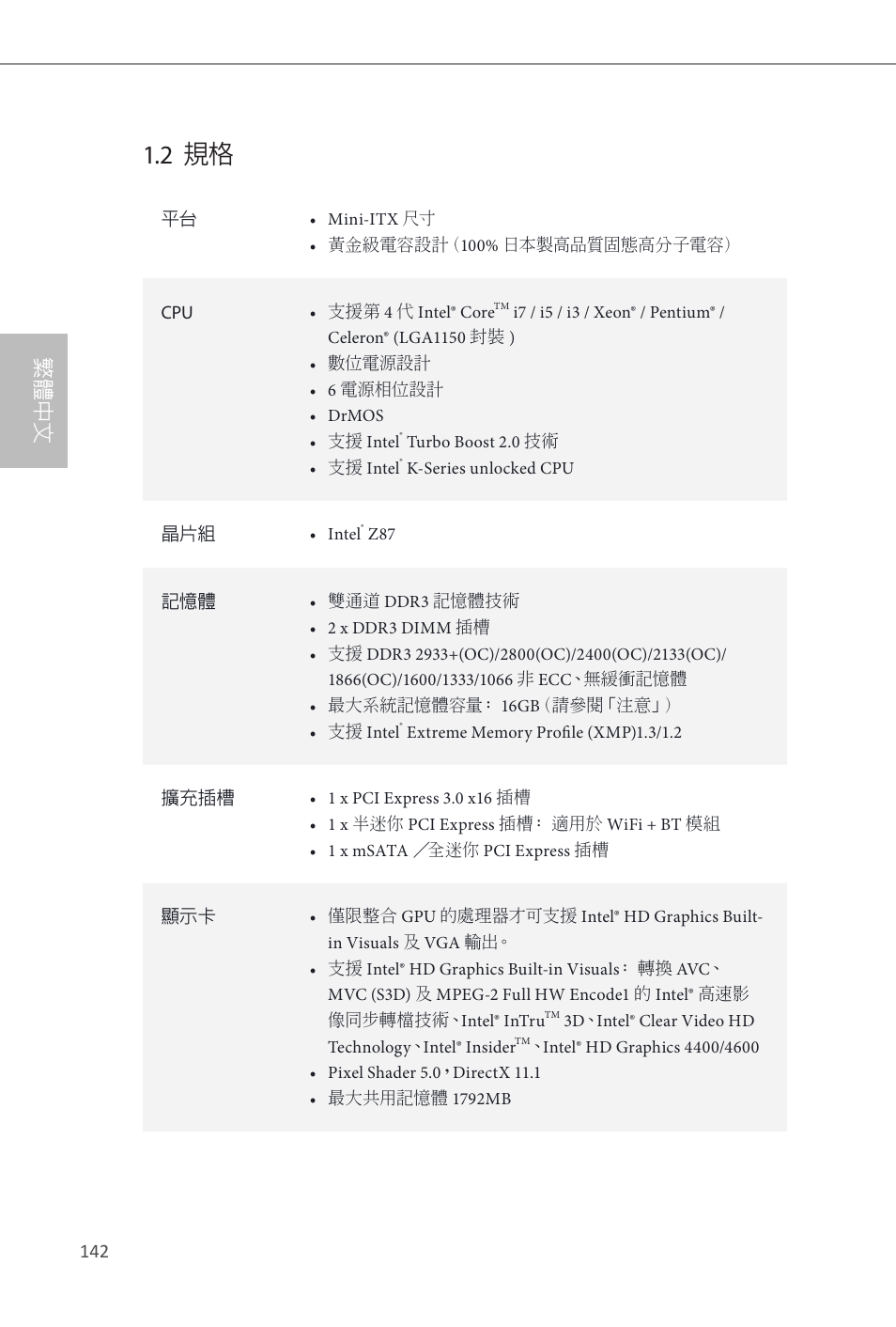 2 規格, 繁體中文 | ASRock Z87E-ITX User Manual | Page 144 / 165