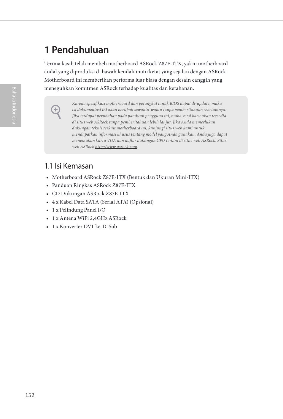 Indonesian, 1 pendahuluan, 1 isi kemasan | ASRock Z87E-ITX User Manual | Page 154 / 165