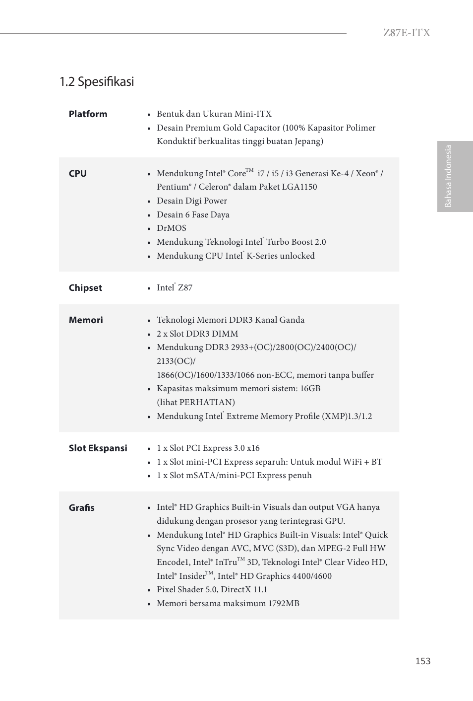 2 spesifikasi, Z 8 7e-itx | ASRock Z87E-ITX User Manual | Page 155 / 165
