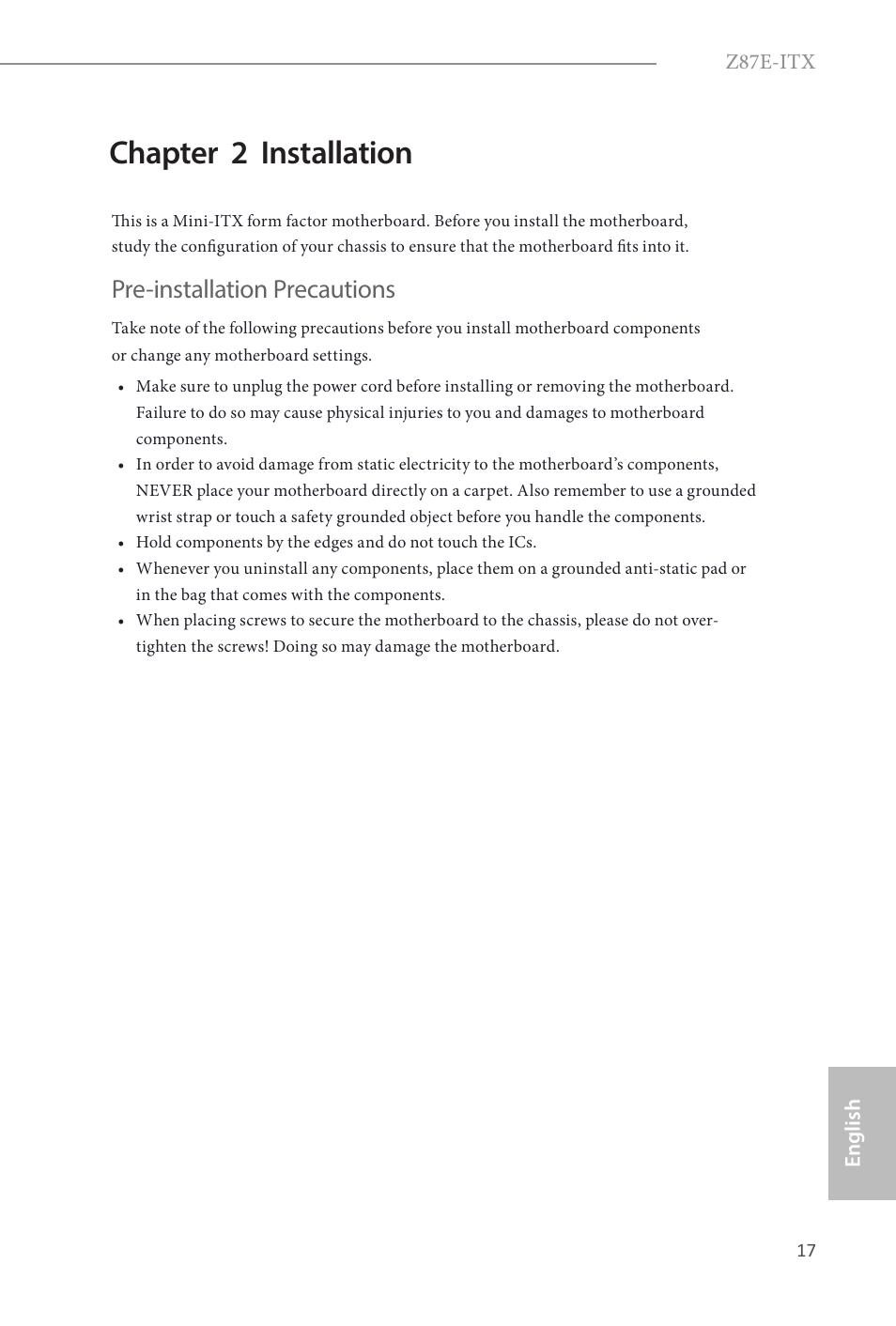 Chapter 2 installation, Pre-installation precautions | ASRock Z87E-ITX User Manual | Page 19 / 165