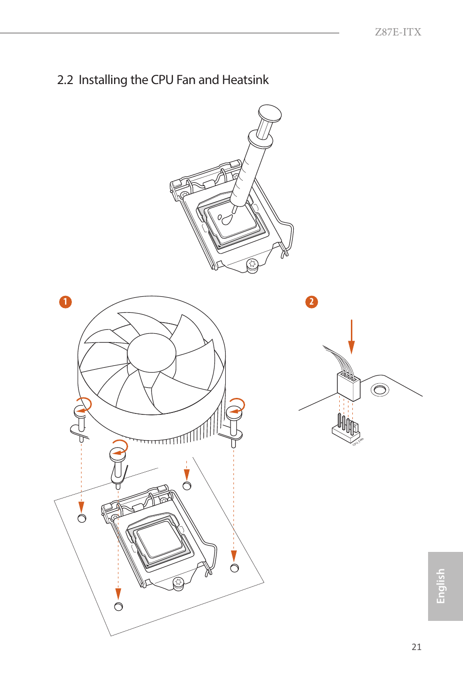 2 installing the cpu fan and heatsink, Z87e-itx, English | ASRock Z87E-ITX User Manual | Page 23 / 165