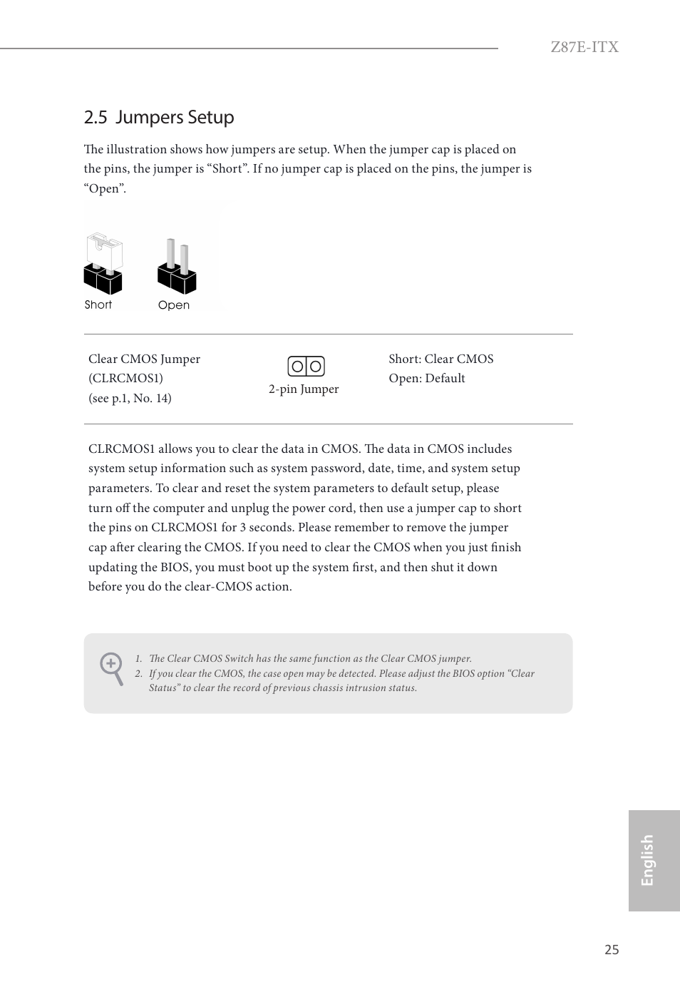 5 jumpers setup, Z87e-itx, English | ASRock Z87E-ITX User Manual | Page 27 / 165