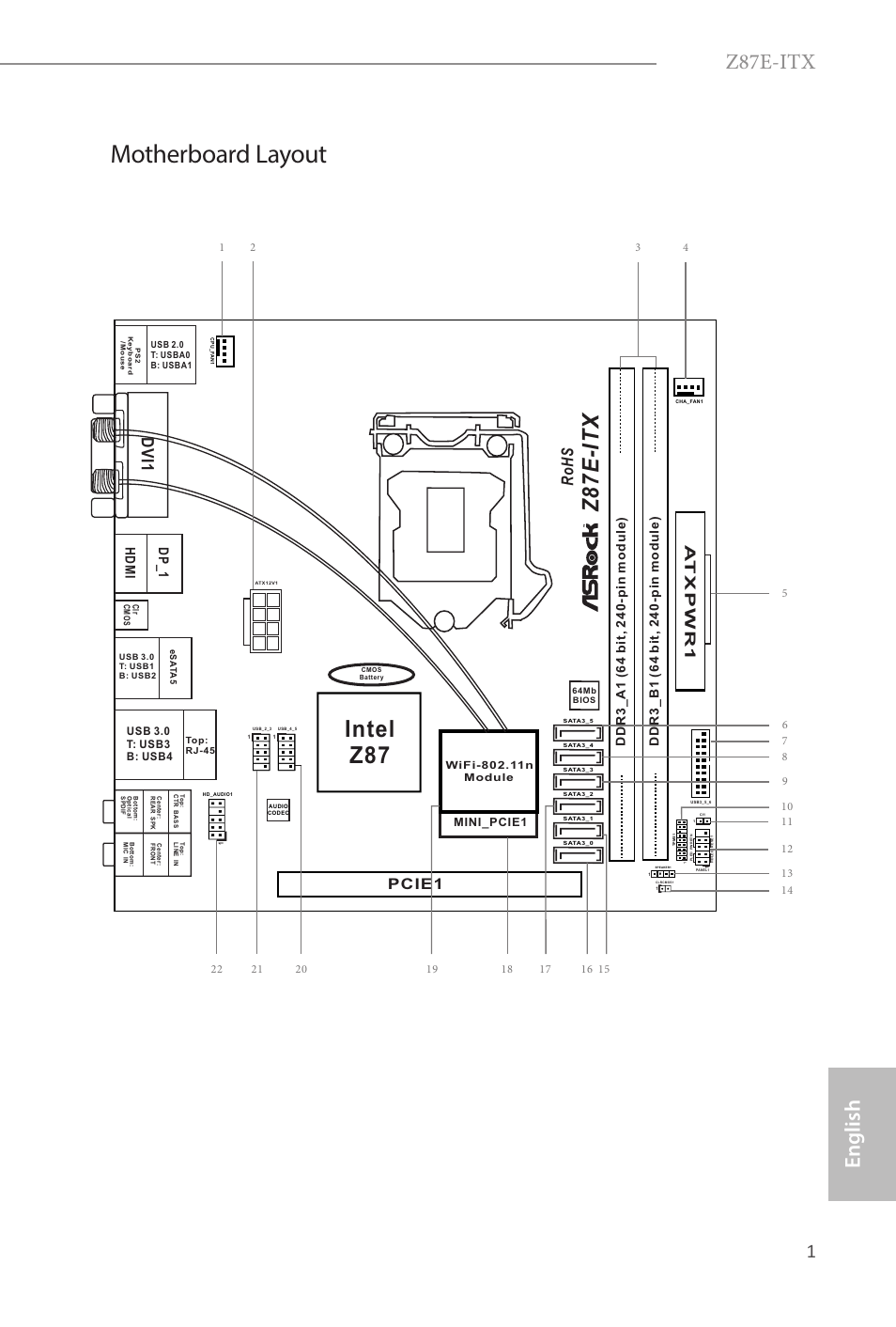 Motherboard layout, Intel z87, Z8 7 e -i t x | Z87e-itx, English, Dv i1, Ro h s, Pcie1, At xpwr1 | ASRock Z87E-ITX User Manual | Page 3 / 165