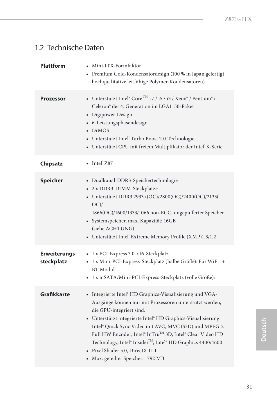 2 technische daten, Z 8 7e-itx, Deutsch | ASRock Z87E-ITX User Manual | Page 33 / 165