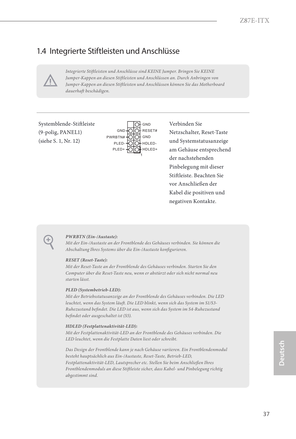 4 integrierte stiftleisten und anschlüsse, Z 8 7e-itx, Deutsch | ASRock Z87E-ITX User Manual | Page 39 / 165