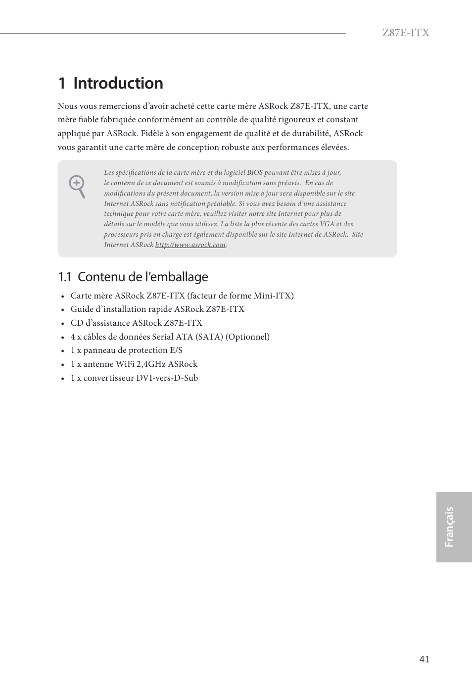 French, 1 introduction, 1 contenu de l’emballage | ASRock Z87E-ITX User Manual | Page 43 / 165