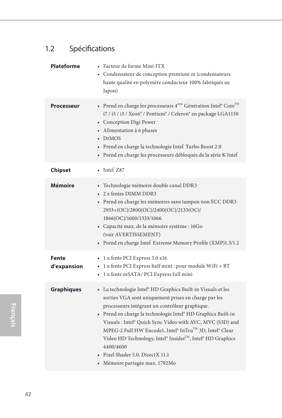 2 spécifications, Fr ançais français | ASRock Z87E-ITX User Manual | Page 44 / 165
