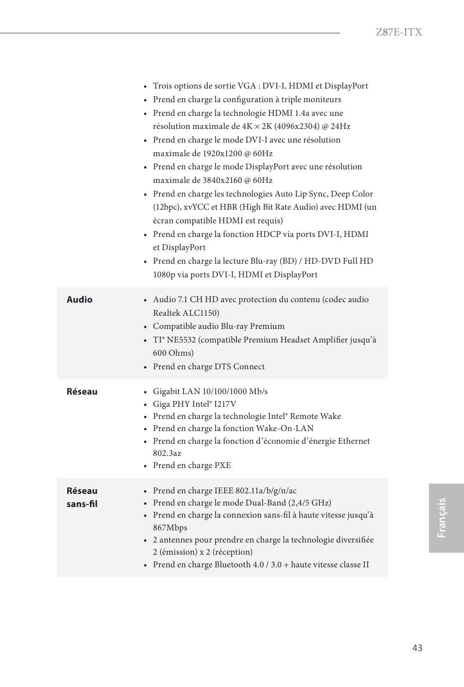 Z 8 7e-itx, Fr ançais français | ASRock Z87E-ITX User Manual | Page 45 / 165