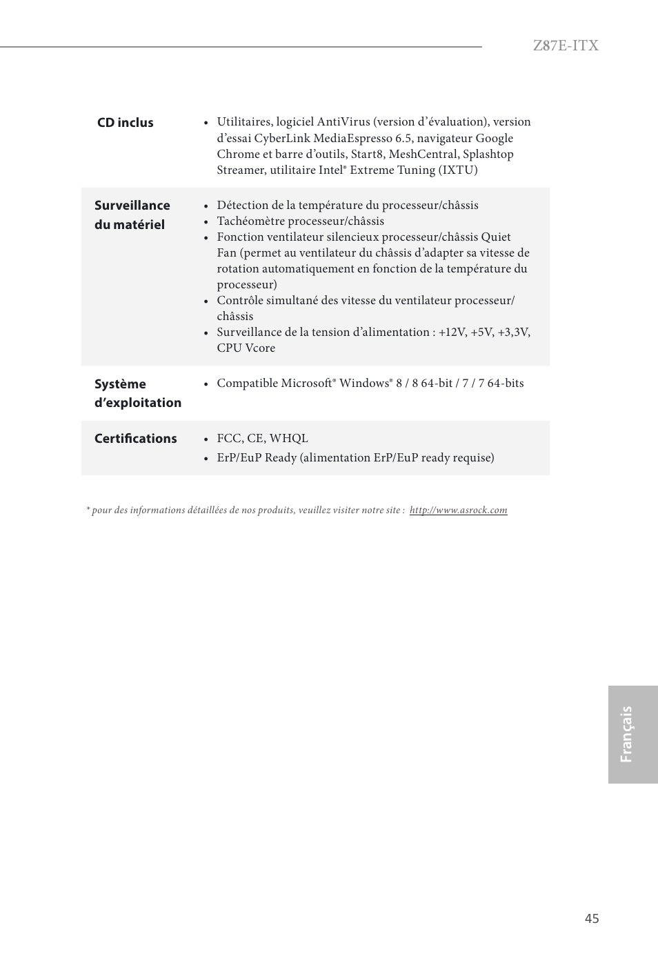 Z 8 7e-itx, Fr ançais français | ASRock Z87E-ITX User Manual | Page 47 / 165