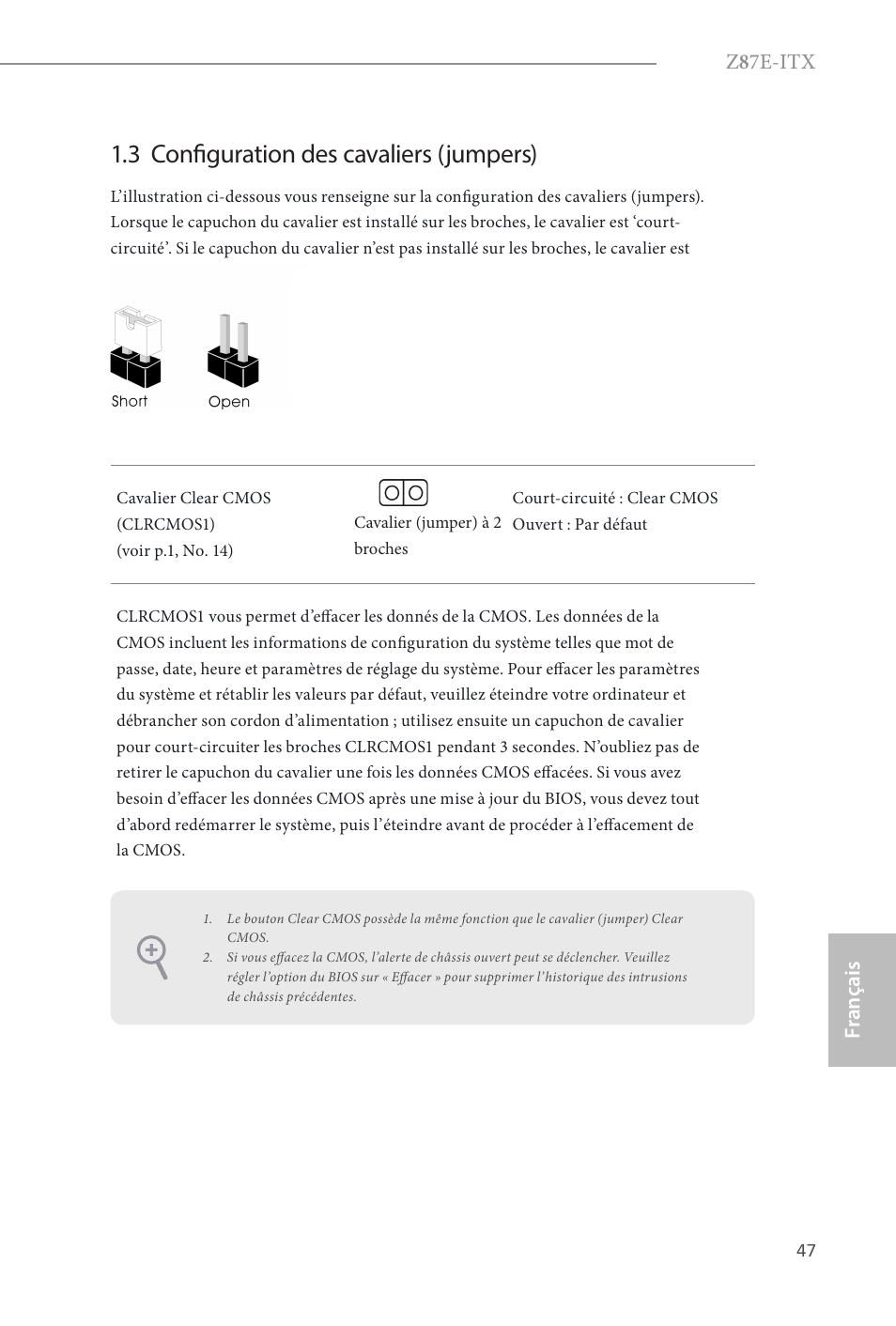 3 configuration des cavaliers (jumpers), Z 8 7e-itx, Fr ançais français | ASRock Z87E-ITX User Manual | Page 49 / 165