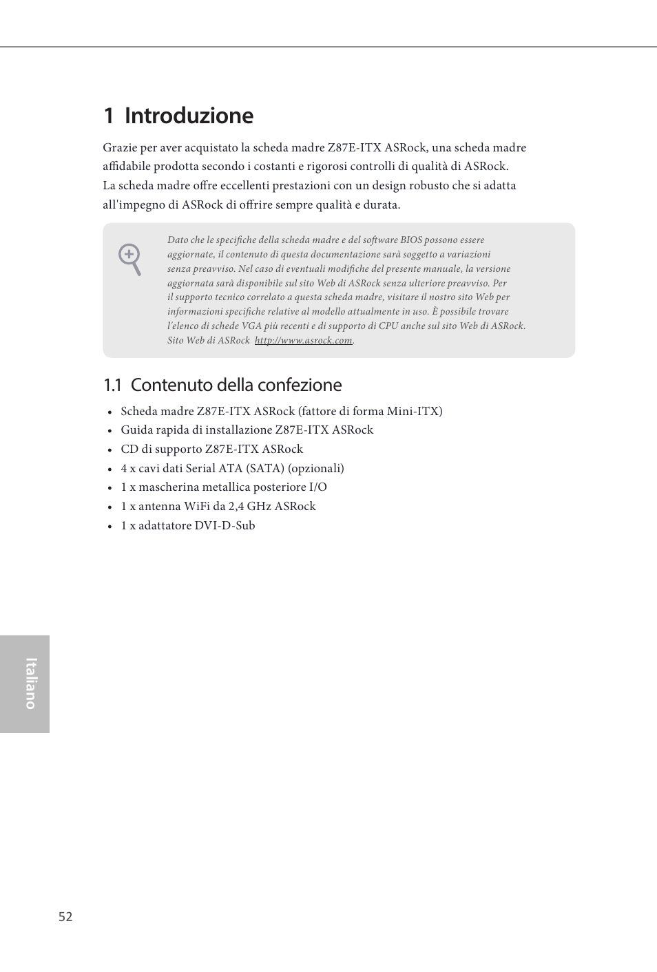 Italian, 1 introduzione, 1 contenuto della confezione | ASRock Z87E-ITX User Manual | Page 54 / 165