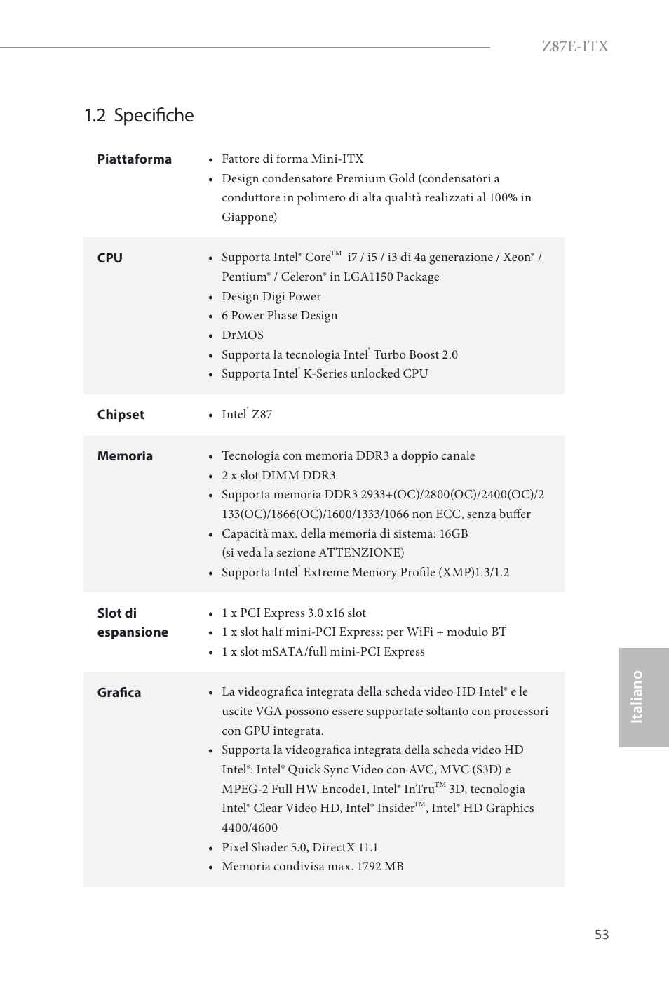 2 specifiche, Z 8 7e-itx, Italiano | ASRock Z87E-ITX User Manual | Page 55 / 165