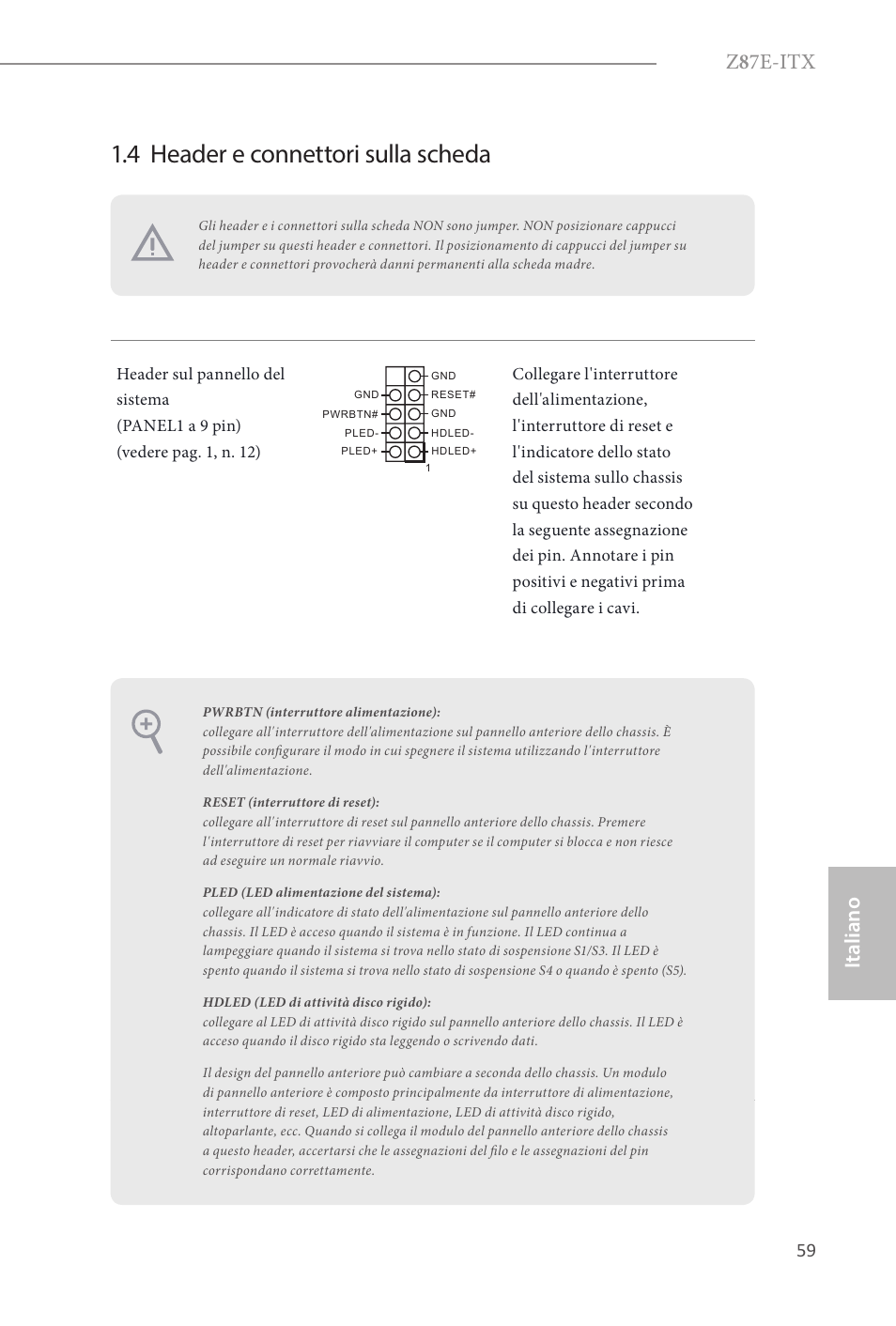 4 header e connettori sulla scheda, Z 8 7e-itx, Italiano | ASRock Z87E-ITX User Manual | Page 61 / 165