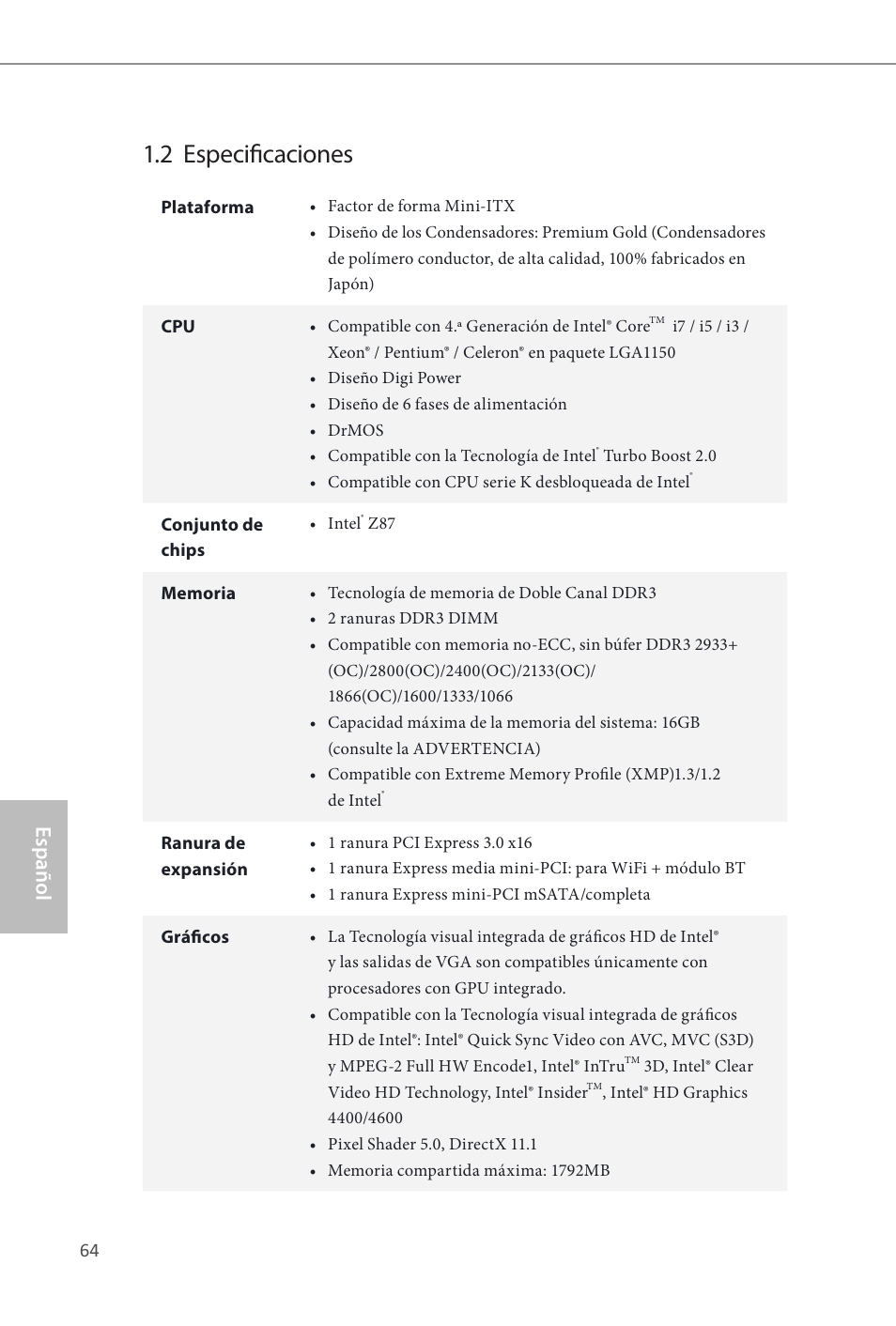 2 especificaciones, Español | ASRock Z87E-ITX User Manual | Page 66 / 165