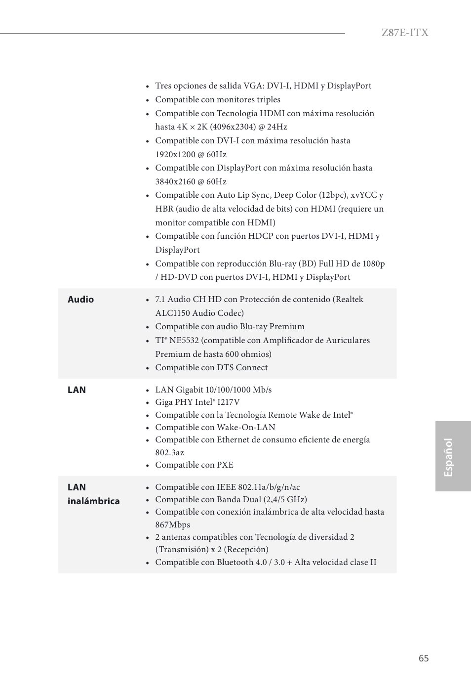 Z 8 7e-itx, Español | ASRock Z87E-ITX User Manual | Page 67 / 165