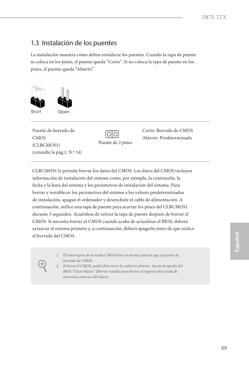 3 instalación de los puentes, Z 8 7e-itx, Español | ASRock Z87E-ITX User Manual | Page 71 / 165