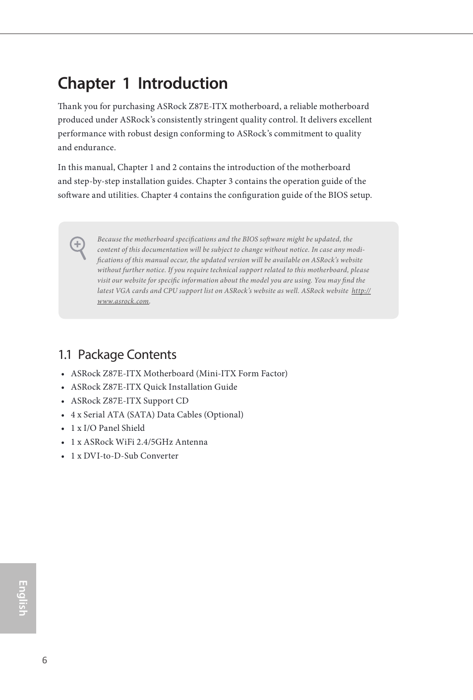 Chapter 1 introduction, 1 package contents | ASRock Z87E-ITX User Manual | Page 8 / 165