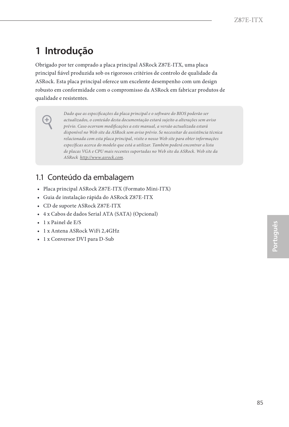 Portuguese, 1 introdução, 1 conteúdo da embalagem | ASRock Z87E-ITX User Manual | Page 87 / 165