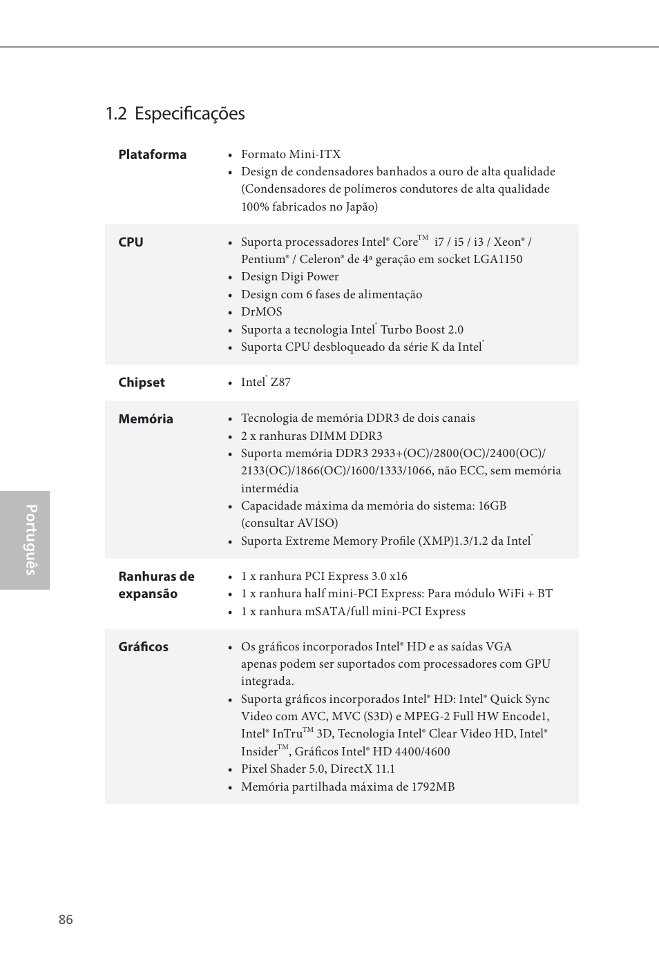 2 especificações, Por tuguês | ASRock Z87E-ITX User Manual | Page 88 / 165