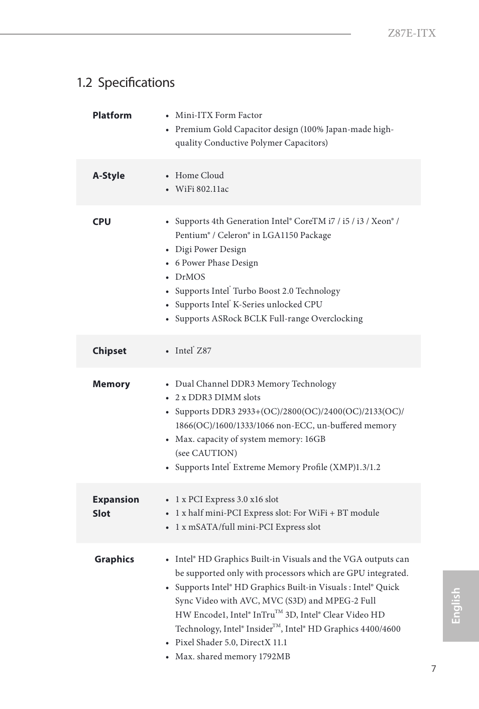 2 specifications, Z87e-itx, English | ASRock Z87E-ITX User Manual | Page 9 / 165