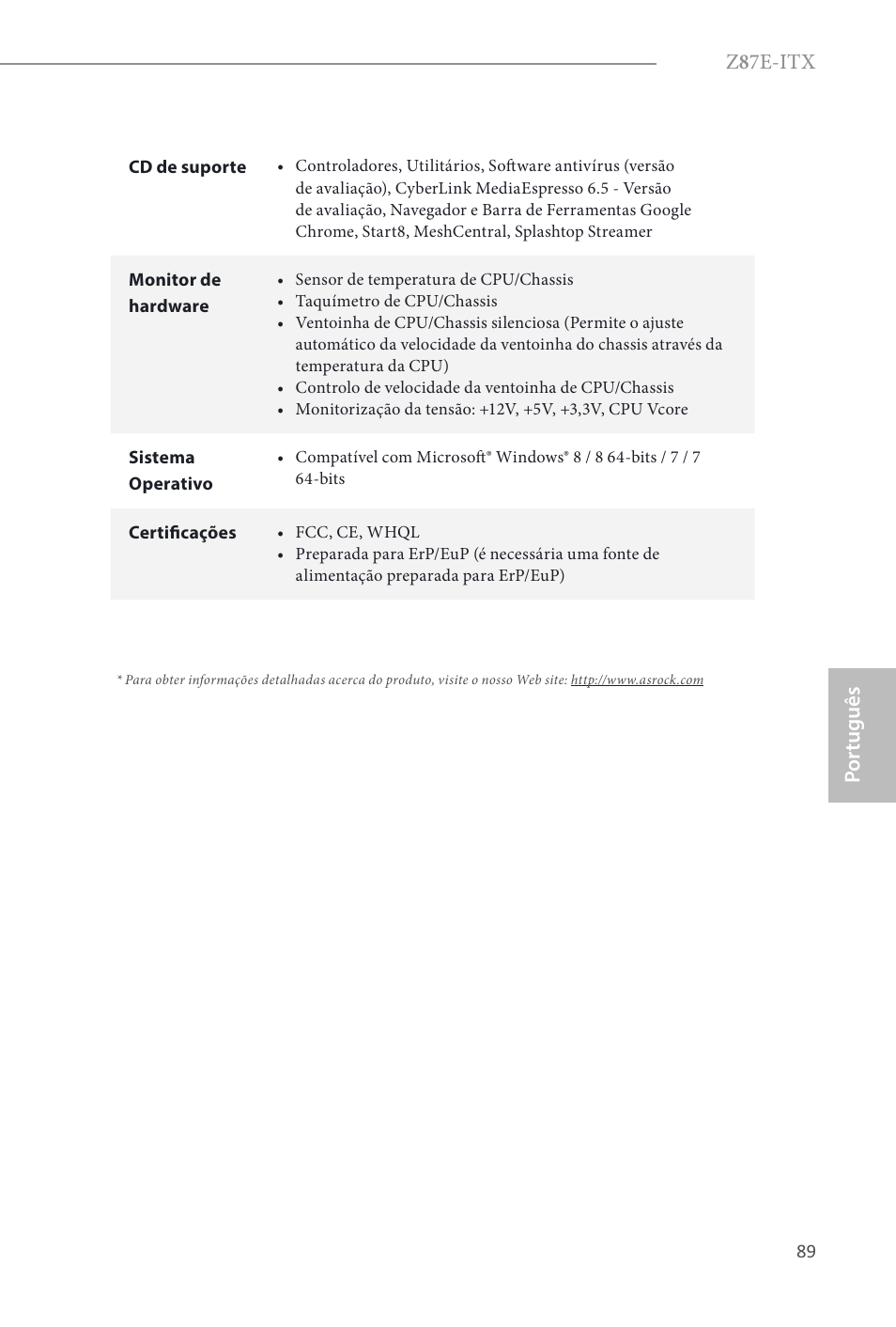 Z 8 7e-itx, Por tuguês | ASRock Z87E-ITX User Manual | Page 91 / 165