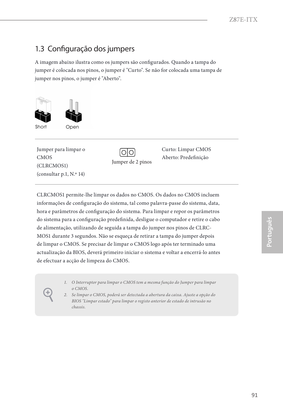 3 configuração dos jumpers, Z 8 7e-itx, Por tuguês | ASRock Z87E-ITX User Manual | Page 93 / 165