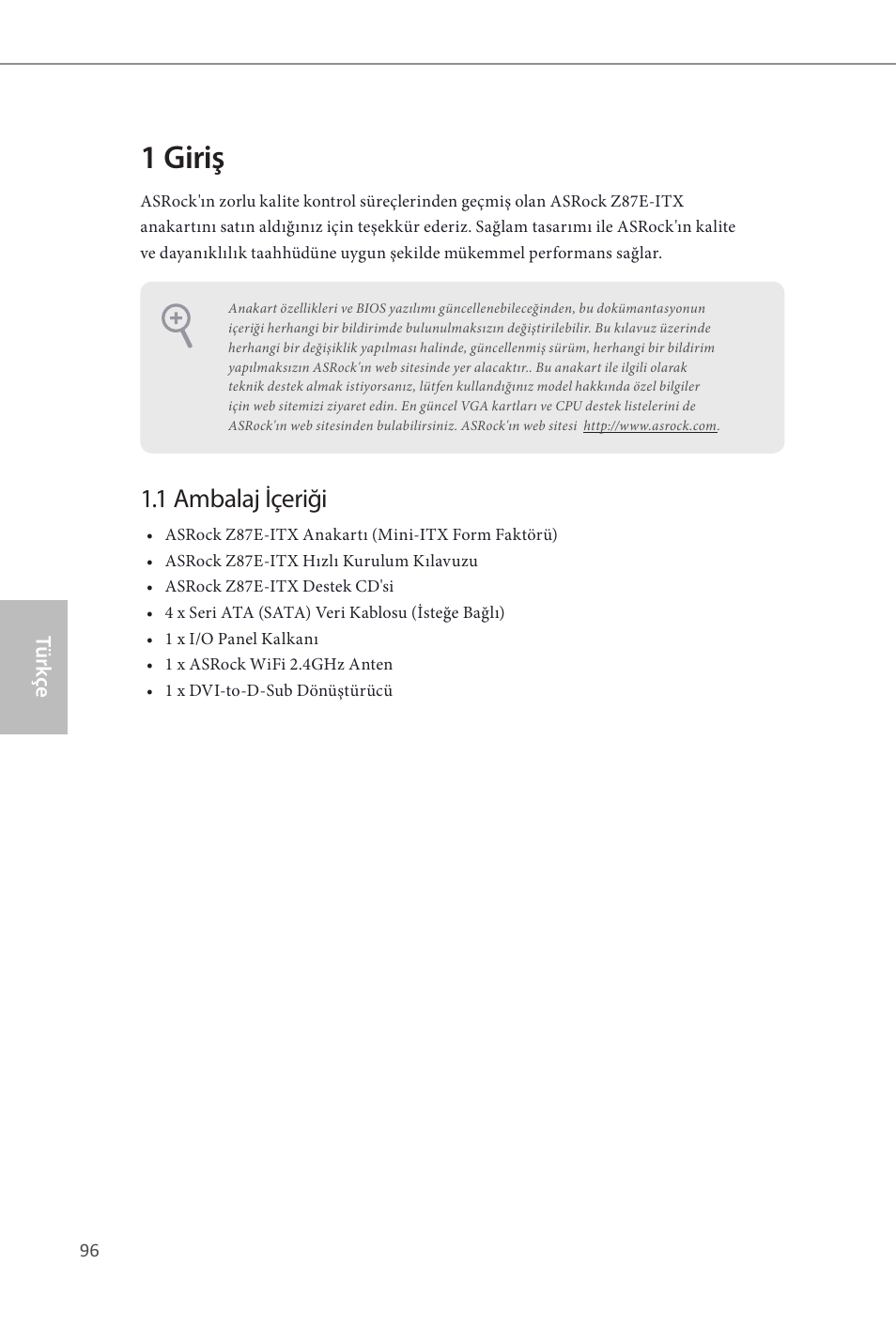Turkish, 1 giriş, 1 ambalaj içeriği | ASRock Z87E-ITX User Manual | Page 98 / 165