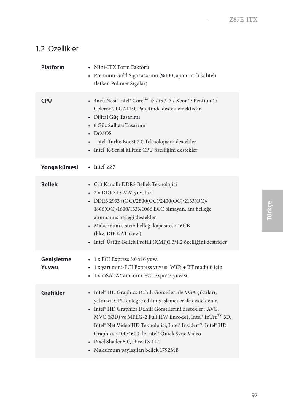 2 özellikler, Z 8 7e-itx, Türk çe | ASRock Z87E-ITX User Manual | Page 99 / 165