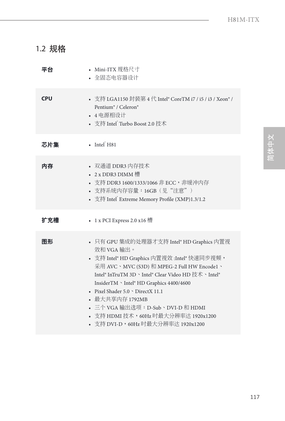 2 规格, H 8 1m-itx, 简体中文 | ASRock H81M-ITX User Manual | Page 118 / 146