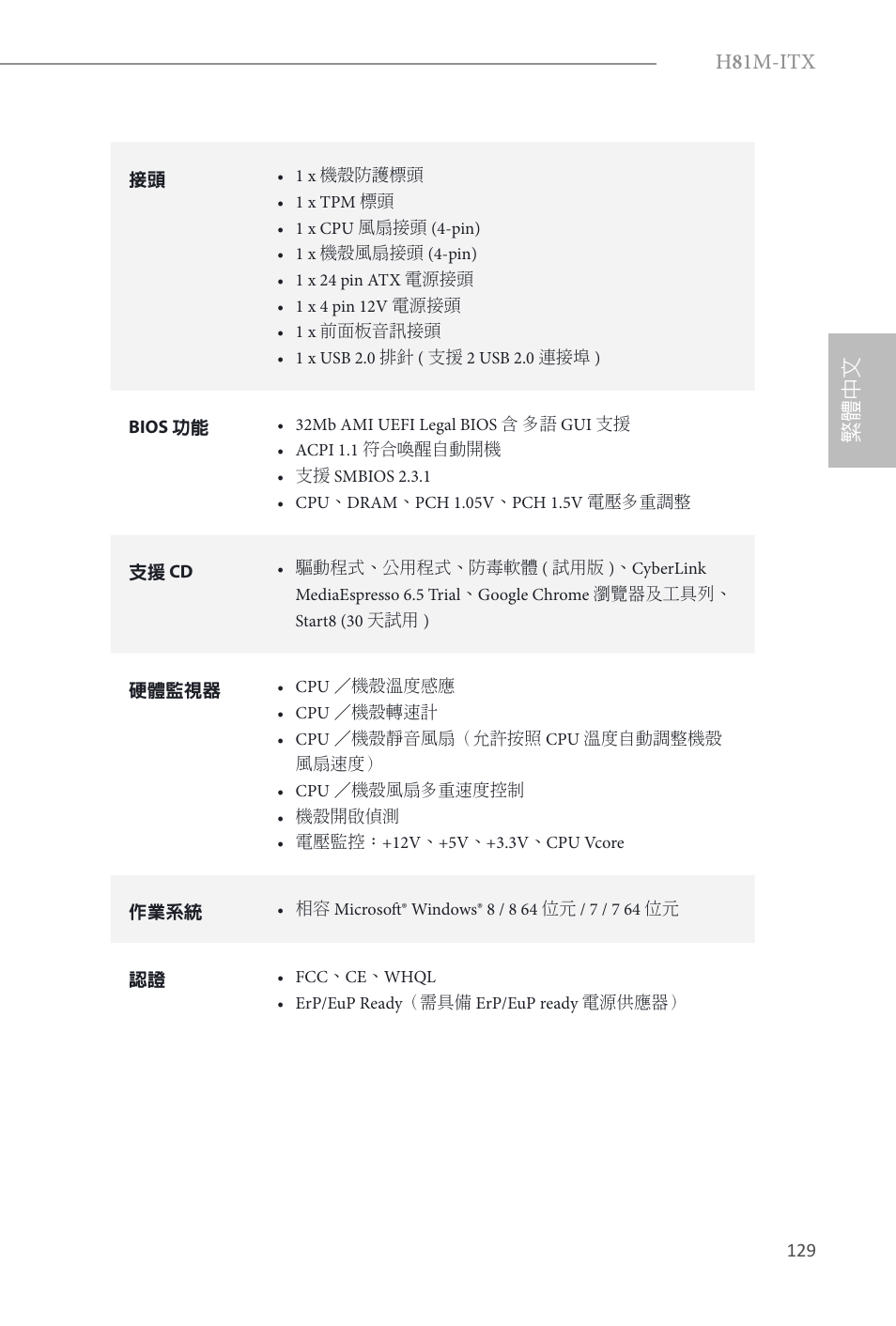 H 8 1m-itx, 繁體中文 | ASRock H81M-ITX User Manual | Page 130 / 146