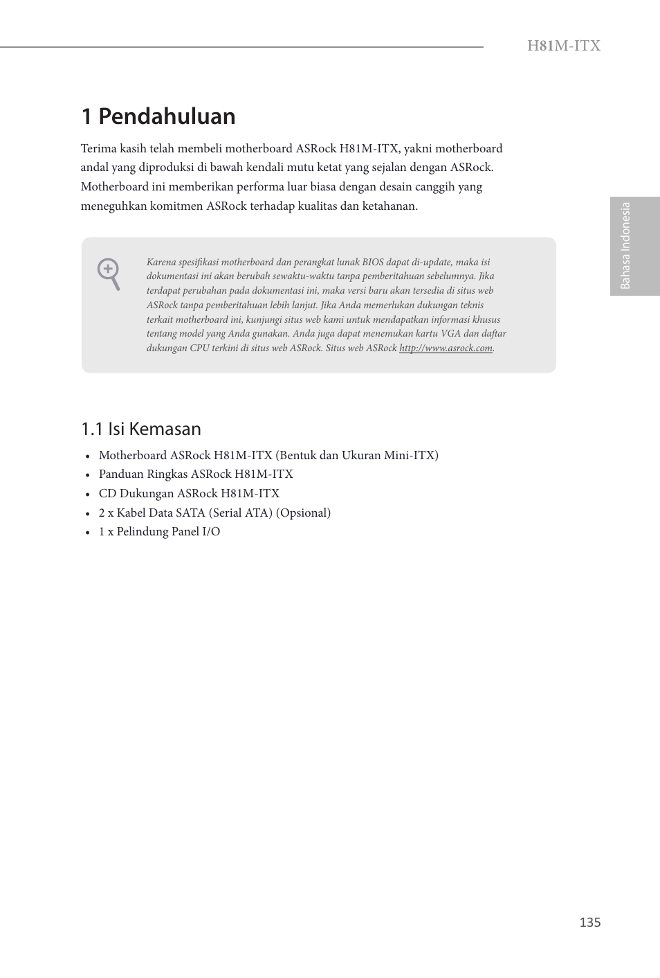 Indonesian, 1 pendahuluan, 1 isi kemasan | ASRock H81M-ITX User Manual | Page 136 / 146