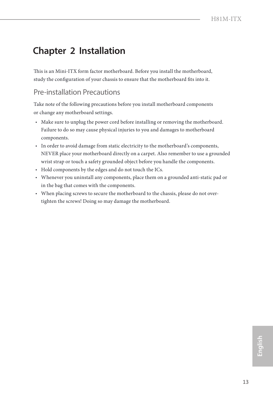 Chapter 2 installation, Pre-installation precautions | ASRock H81M-ITX User Manual | Page 14 / 146