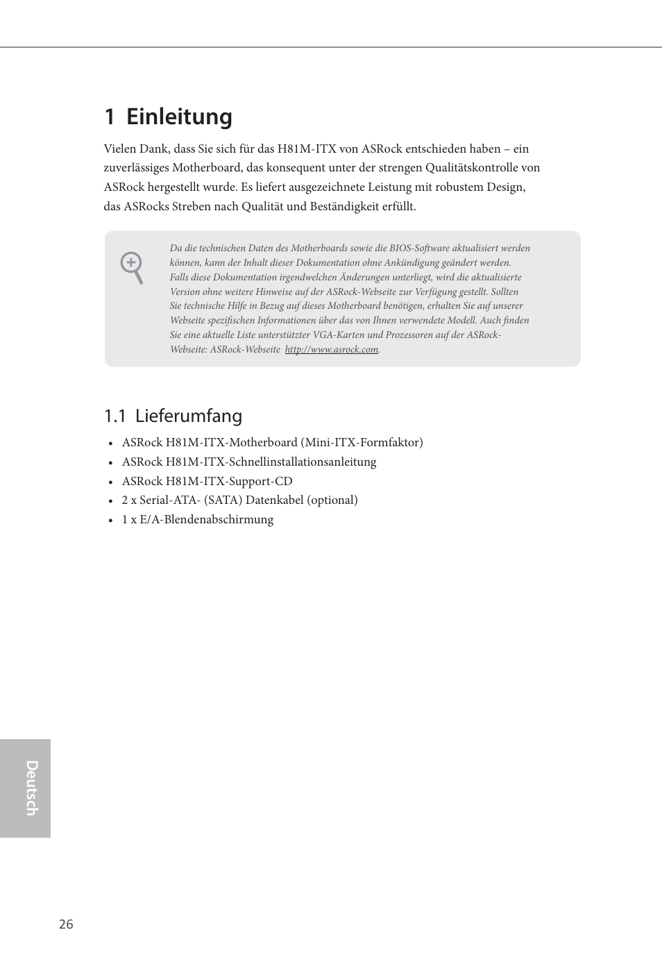 German, 1 einleitung, 1 lieferumfang | ASRock H81M-ITX User Manual | Page 27 / 146