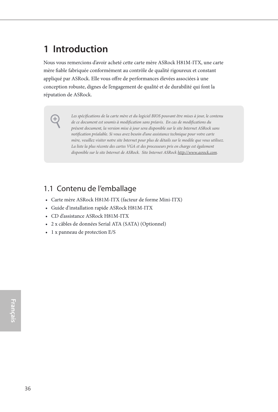 French, 1 introduction, 1 contenu de l’emballage | ASRock H81M-ITX User Manual | Page 37 / 146