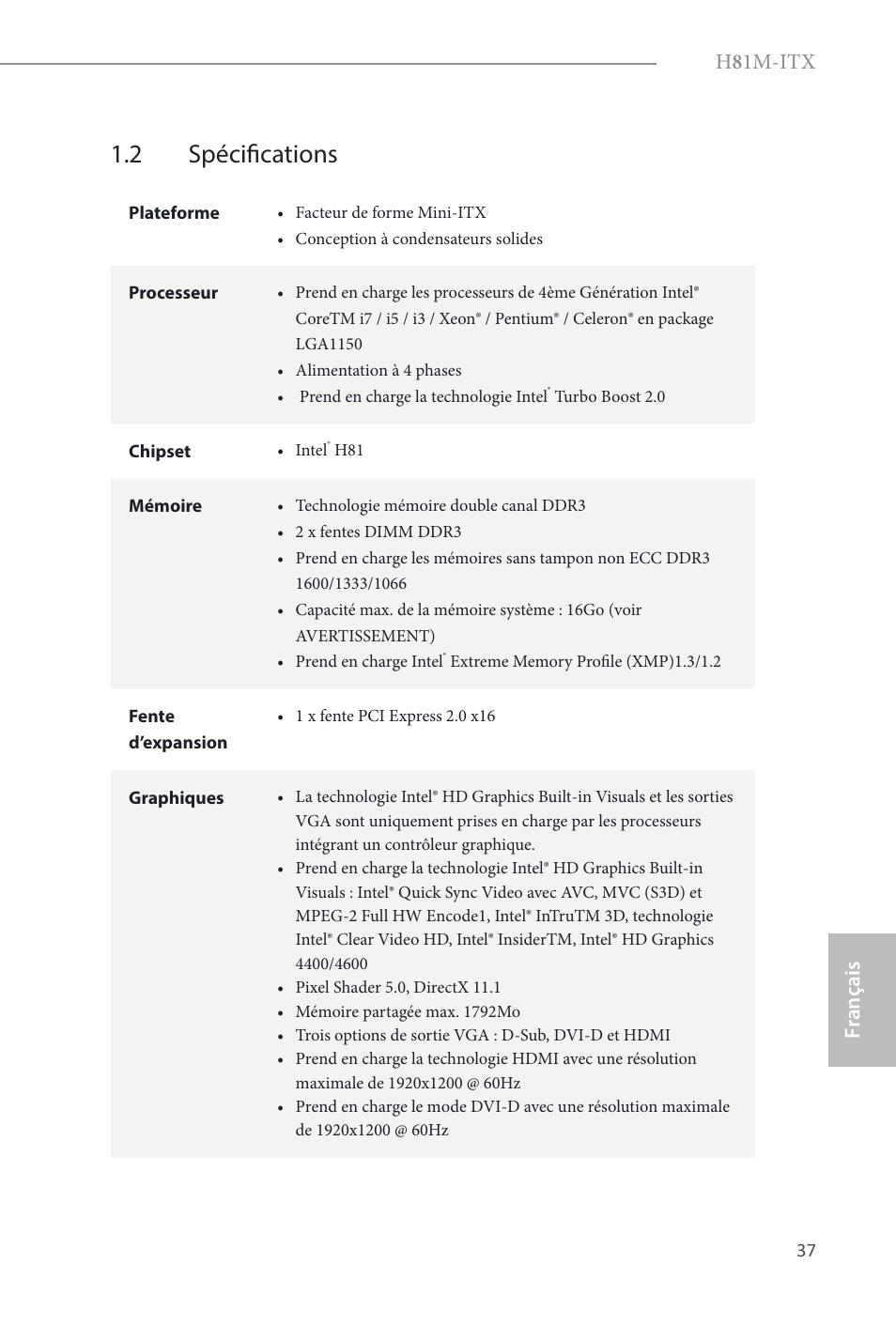2 spécifications, H 8 1m-itx, Fr ançais français | ASRock H81M-ITX User Manual | Page 38 / 146