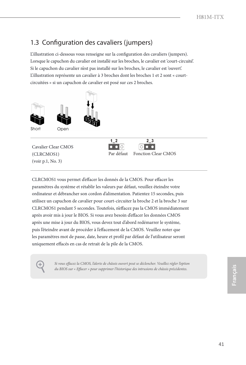 3 configuration des cavaliers (jumpers) | ASRock H81M-ITX User Manual | Page 42 / 146