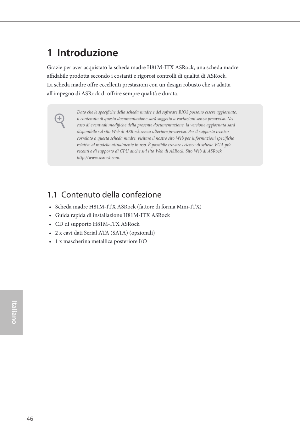 Italian, 1 introduzione, 1 contenuto della confezione | ASRock H81M-ITX User Manual | Page 47 / 146