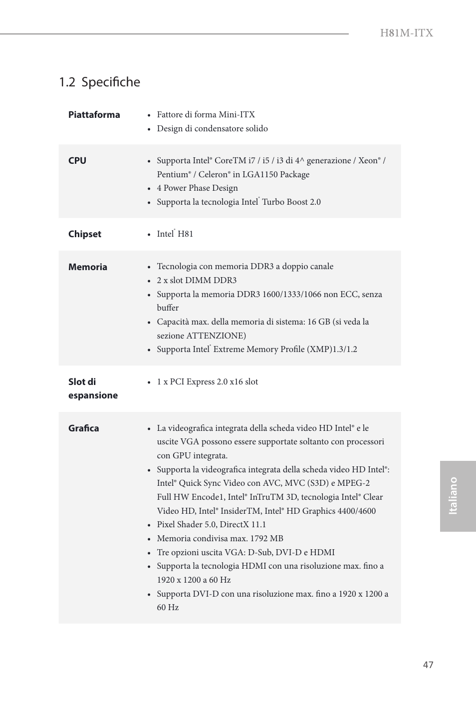 2 specifiche, H 8 1m-itx, Italiano | ASRock H81M-ITX User Manual | Page 48 / 146