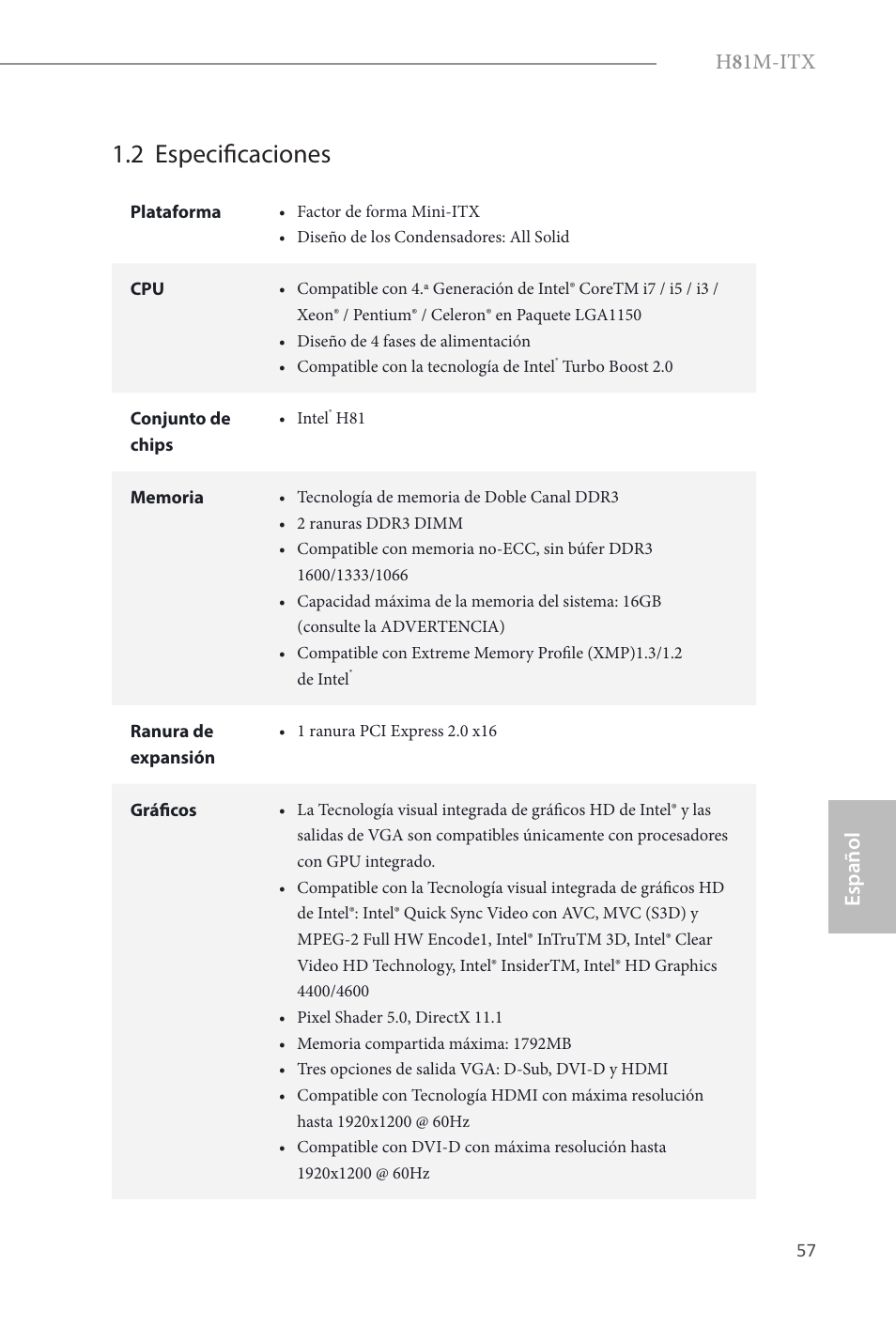 2 especificaciones, H 8 1m-itx, Español | ASRock H81M-ITX User Manual | Page 58 / 146