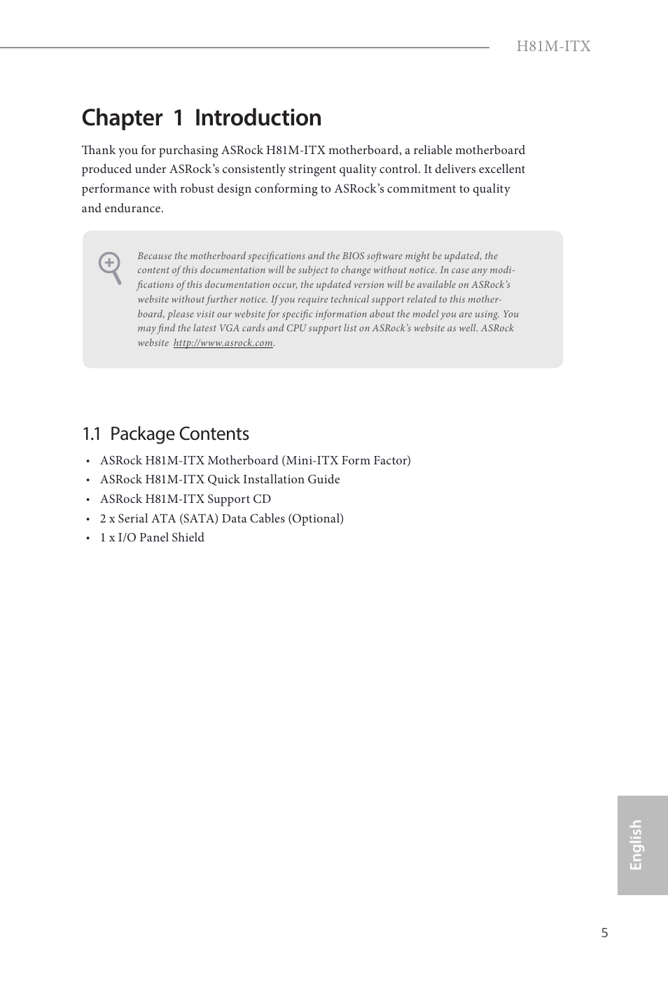 Chapter 1 introduction, 1 package contents | ASRock H81M-ITX User Manual | Page 6 / 146