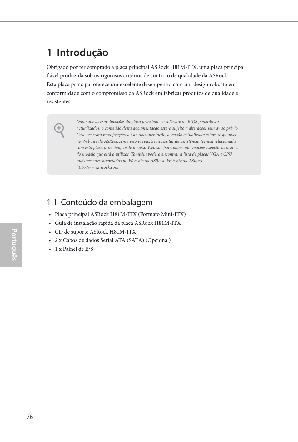Portuguese, 1 introdução, 1 conteúdo da embalagem | ASRock H81M-ITX User Manual | Page 77 / 146