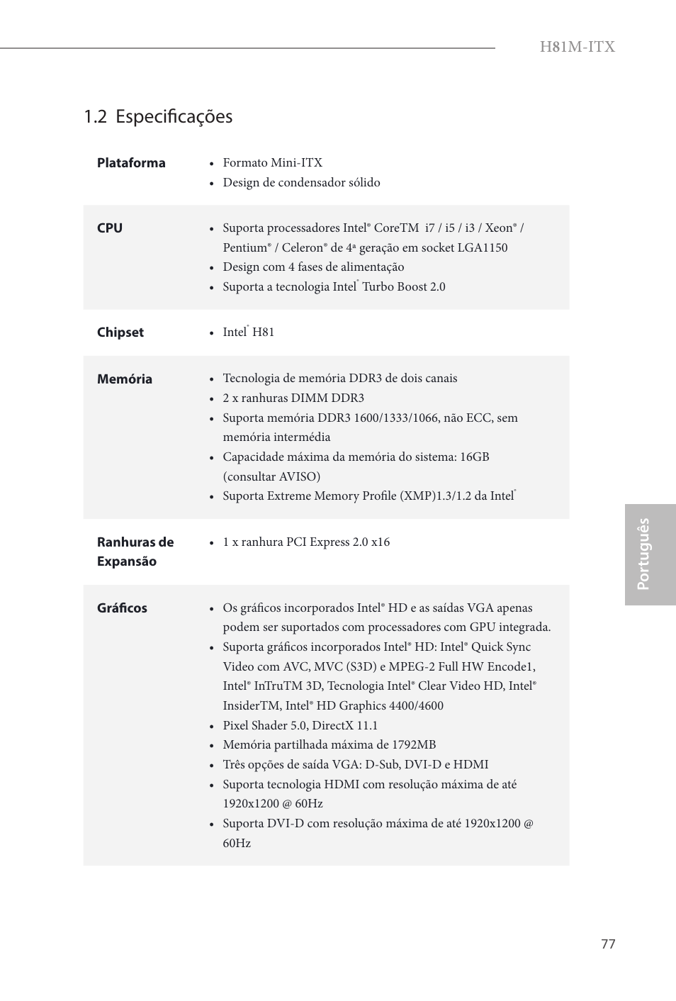 2 especificações, H 8 1m-itx, Por tuguês | ASRock H81M-ITX User Manual | Page 78 / 146