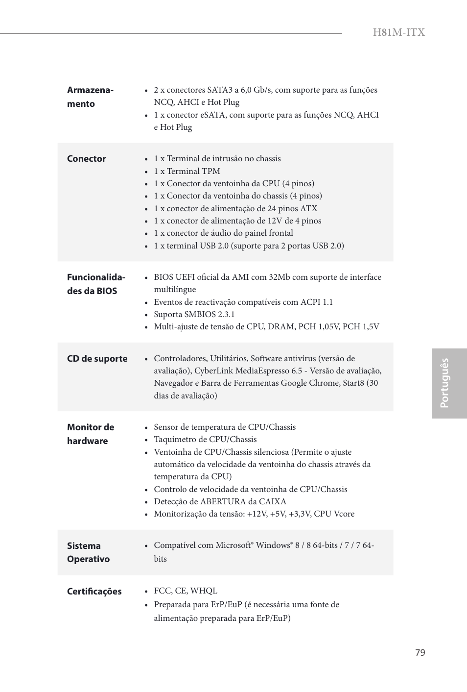 H 8 1m-itx, Por tuguês | ASRock H81M-ITX User Manual | Page 80 / 146